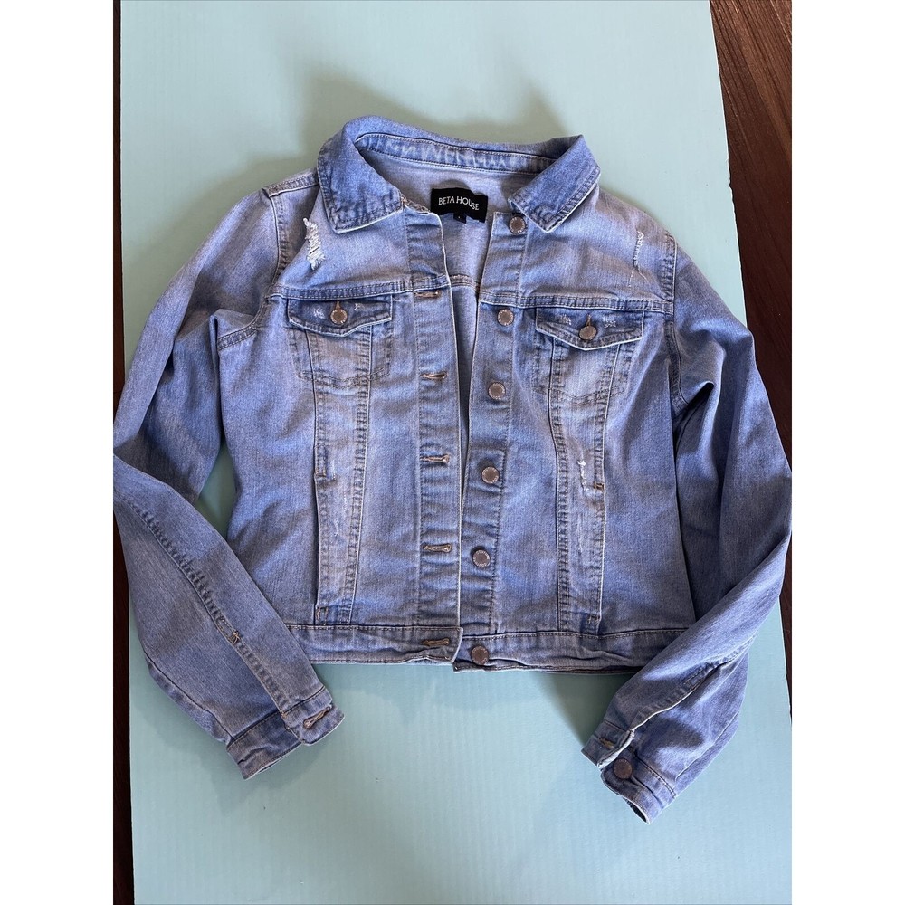 Beta House Classic Distressed Women Denim Jackets Light Blue Size L